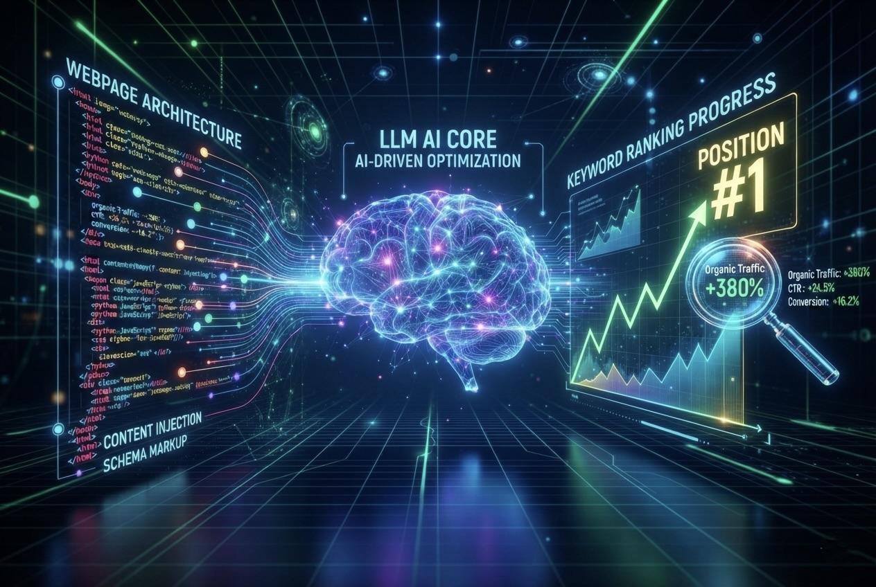 Abstract graphic of an AI core connected to webpage architecture and keyword ranking progress