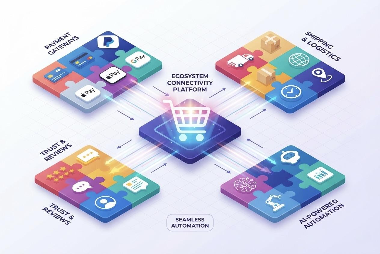 Isometric diagram of payment gateways, shipping and logistics, trust and reviews, and AI-powered automation connected around a central ecommerce platform