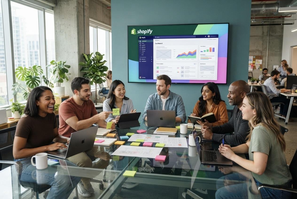 Qressy's cross-functional team planning a Shopify build around a shared dashboard